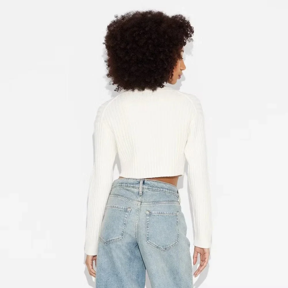 Wild Fable Women Cream Ribbed‎ Cropped Zipper Sweater Size M